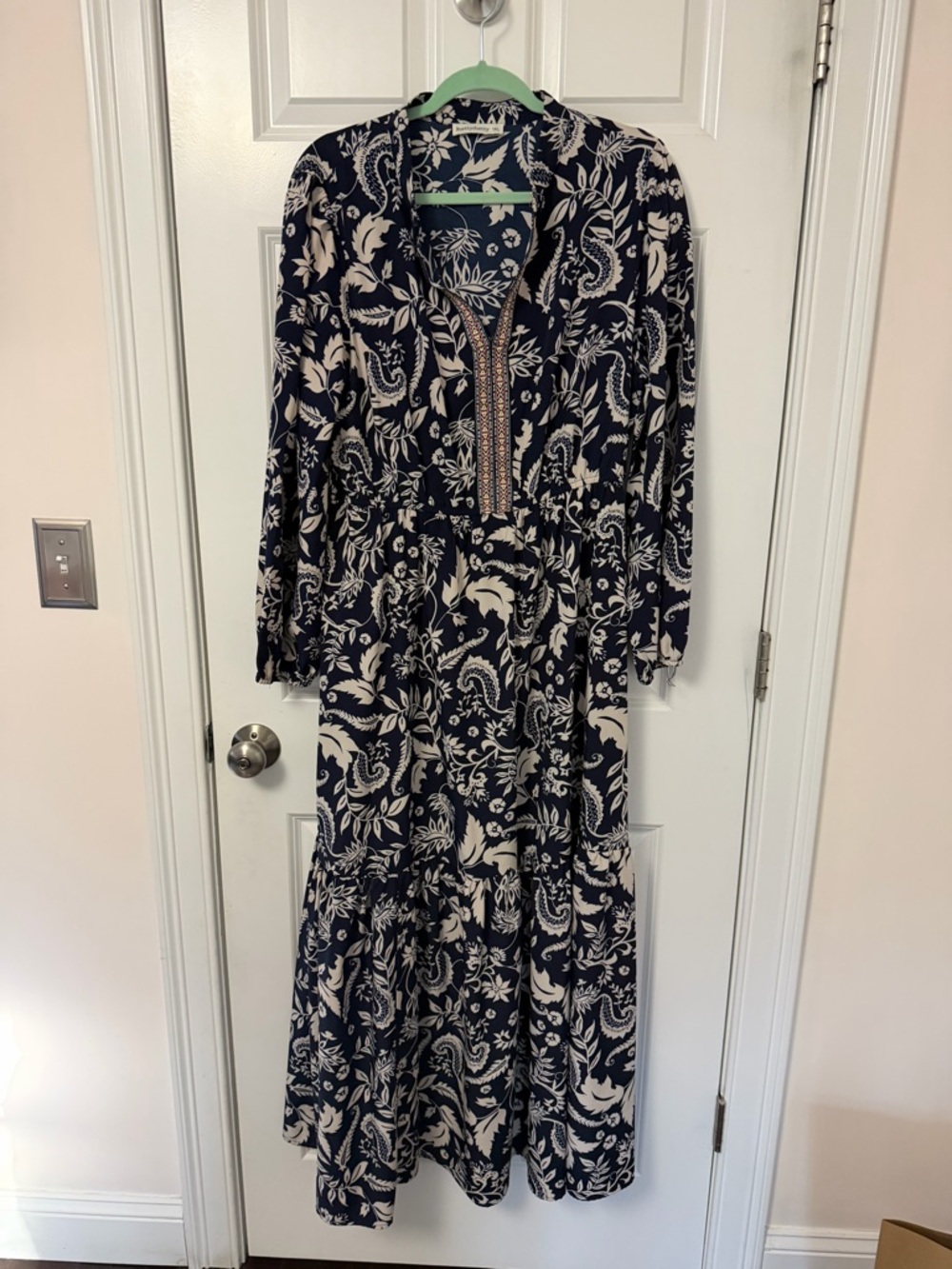 Navy and Cream Paisley Maxi Dress with V-Neck